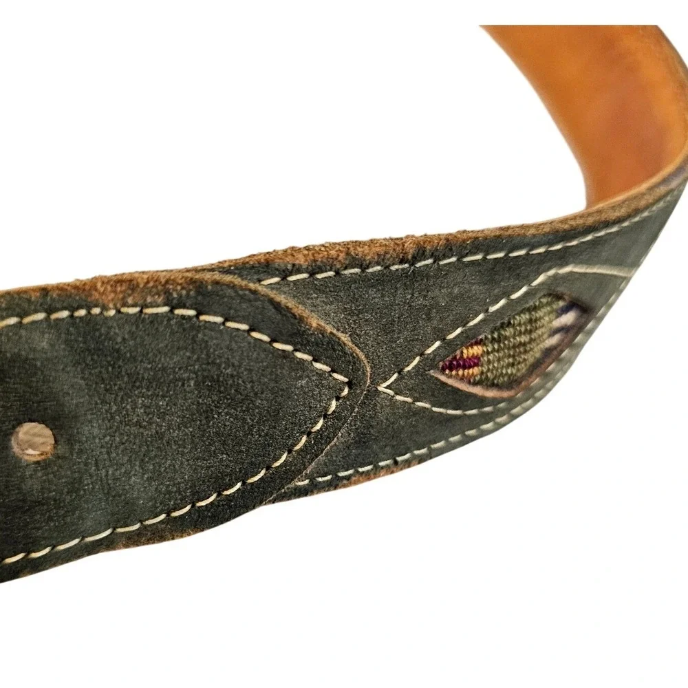 Southwestern Leather Belt Size 40 Green Diamond Inlay Western Boho Ranchcore‎
